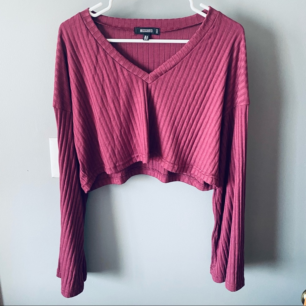 Missguided purple ribbed bell sleeve crop top